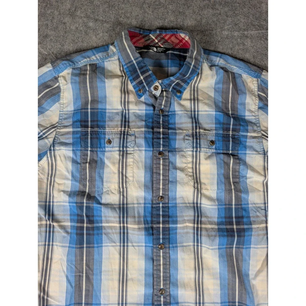 The North Face Mens Blue Plaid Short Sleeve Button Down Shirt Outdoor XL